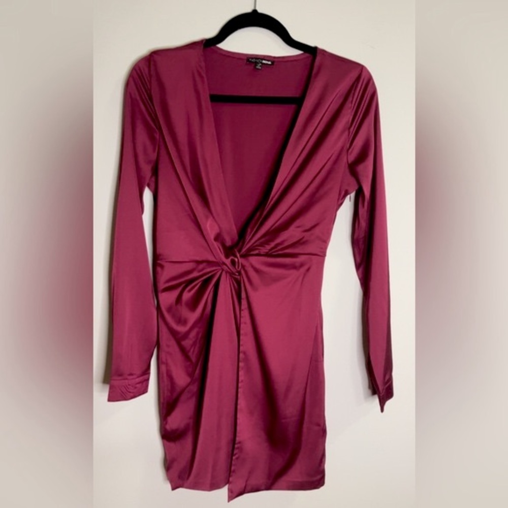Burgundy, low v-neck dress.
